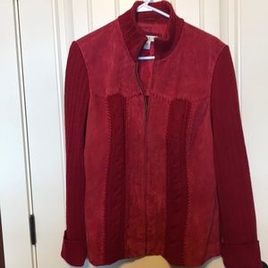 Coldwater creek. Red leather jacket with knit sweater inserts.
